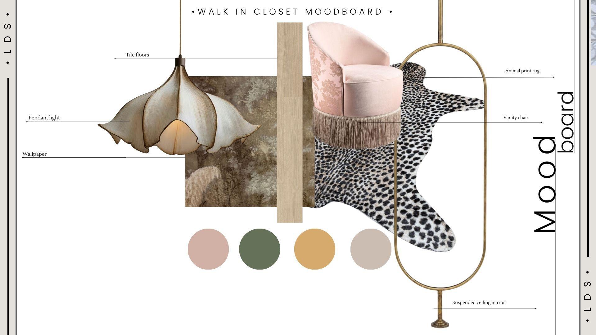Walk in closet mood board with a petal pendant light, blush vanity chair, animal print rug and colour palette
