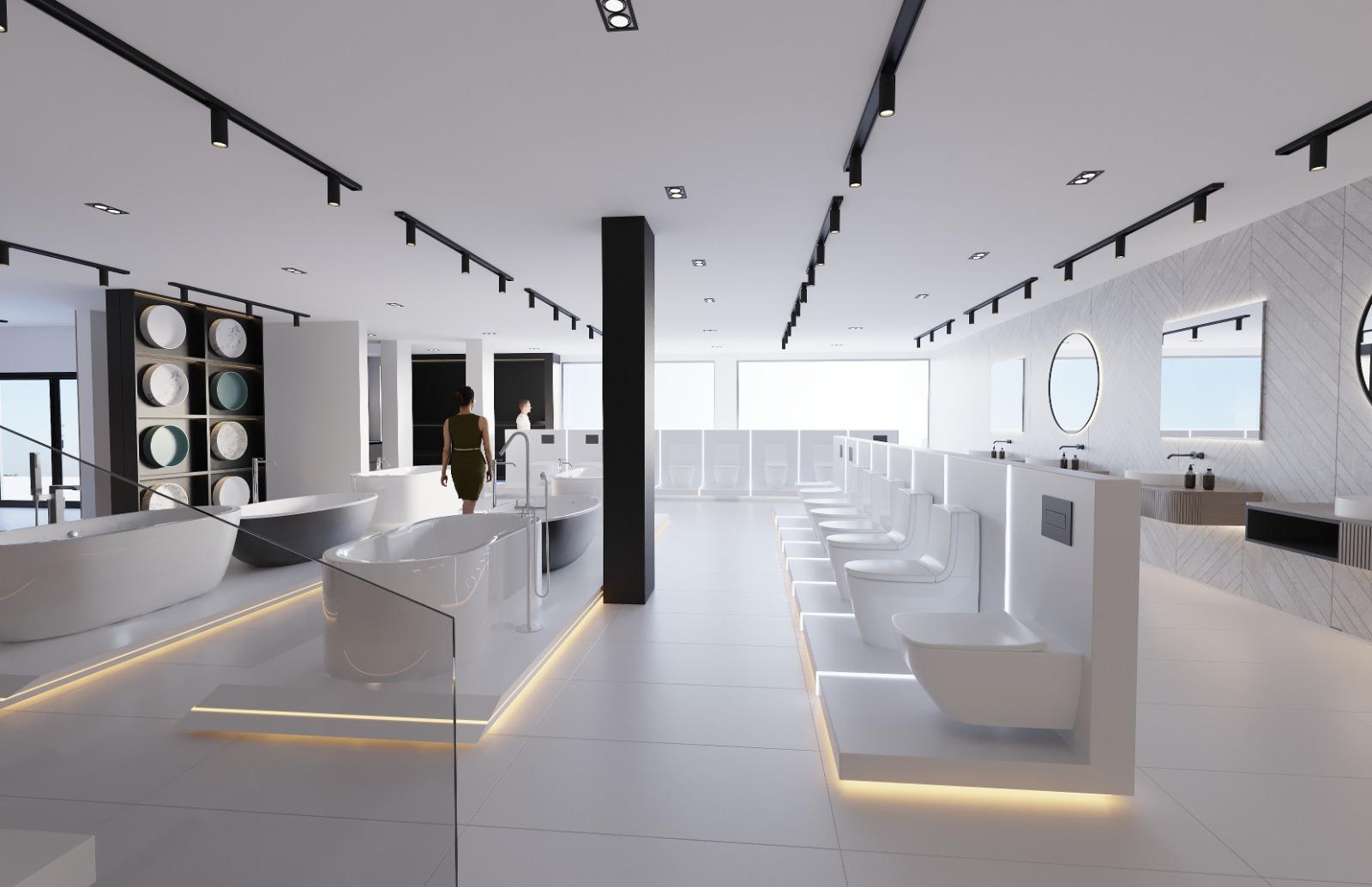 Main showroom hall with freestanding baths behind a glass balustrade and a row of toilets on a lit plinth