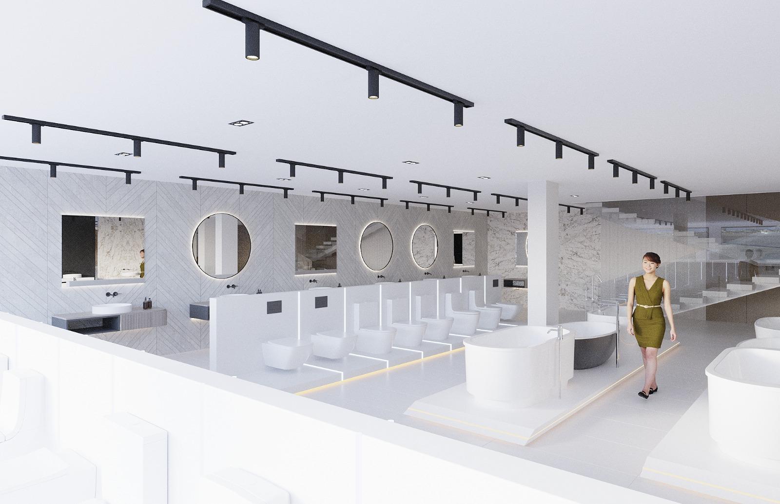 View from the mezzanine over toilet and basin displays against a chevron stone wall with round mirrors