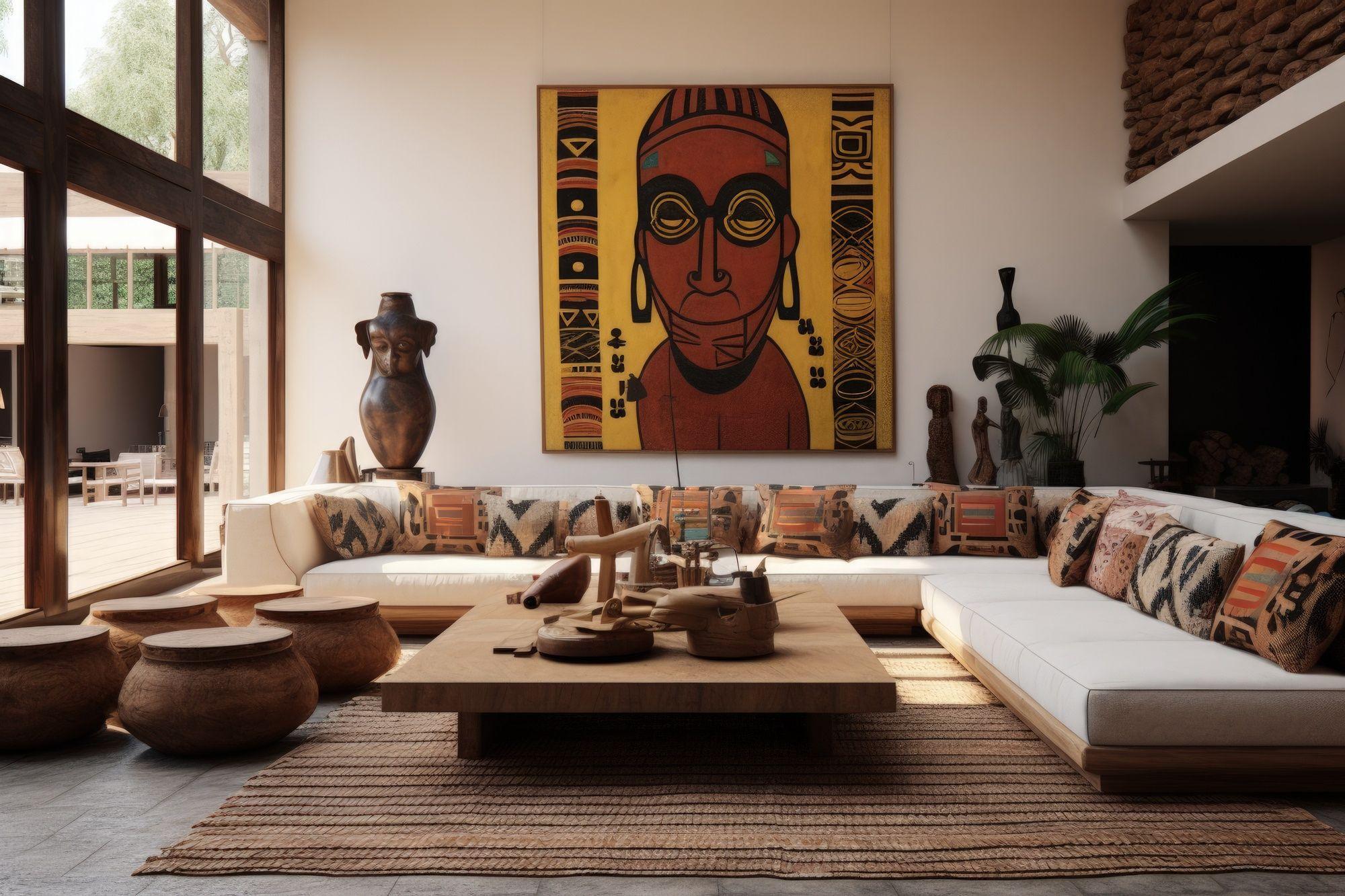 Sunlit lounge with carved figures, woven stools and a large heritage painting