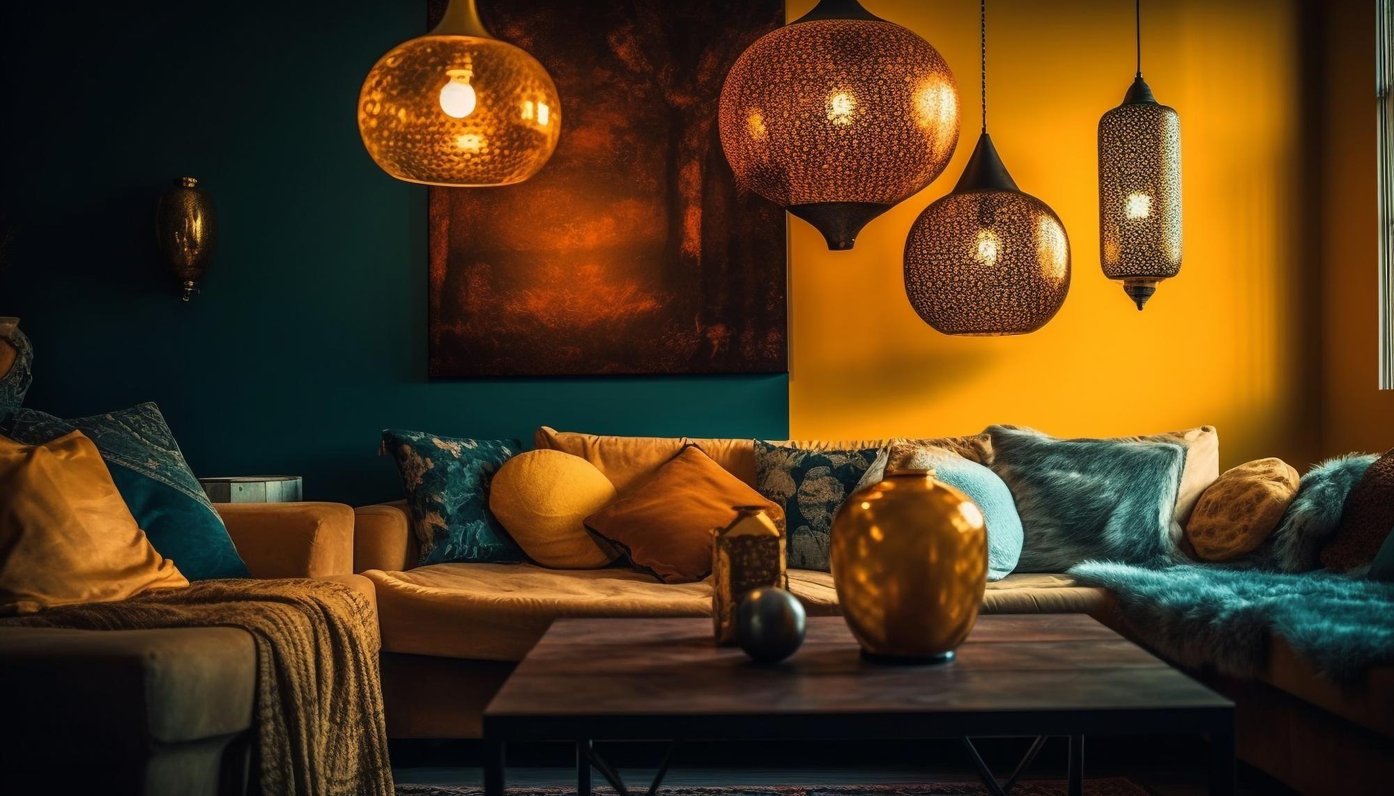Teal and ochre lounge glowing under pierced brass lanterns