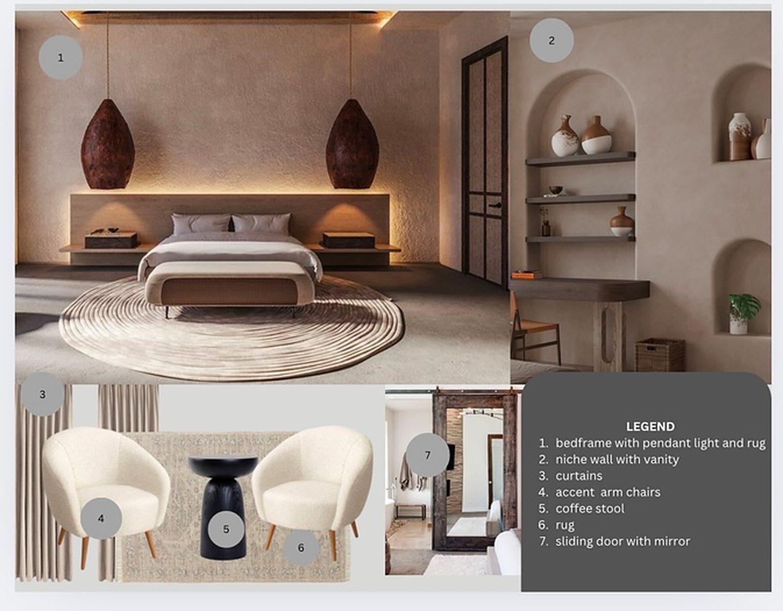Retreat suite bedroom in raw plaster with arched niches and a round rug