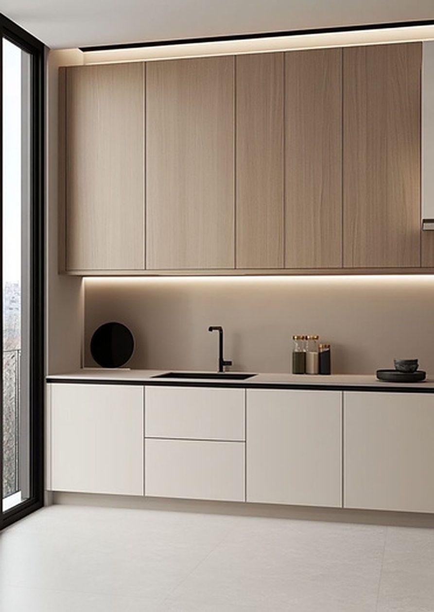 Minimal kitchen with handleless cabinetry and a matte black tap
