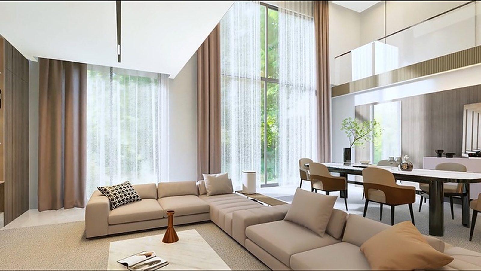 Double height living and dining space with full height sheer curtains